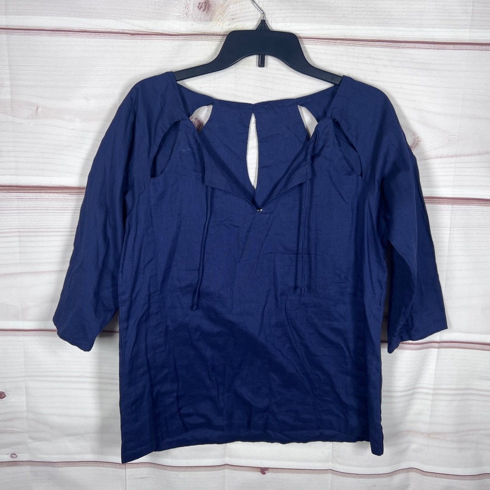 Gretchen Scott Top Womens XS Blue Cotton Cutout Neck 3/4 Sleeve Blouse Preppy